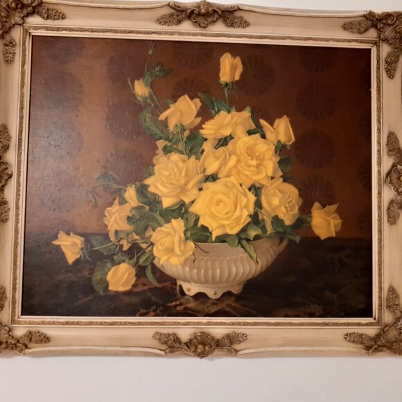 1959 YELLOW ROSE BOUQUET FRAMED PAINTED ART, GORGEOUS - Picture 11 of 16